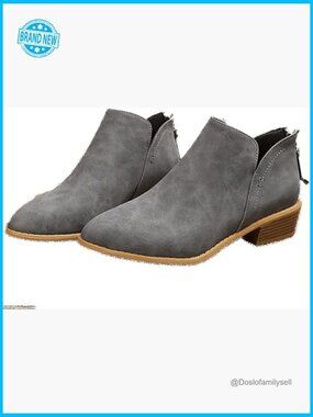Low Heeled Ankle Booties Casual Chunky Block Boots Side V Cut Zip